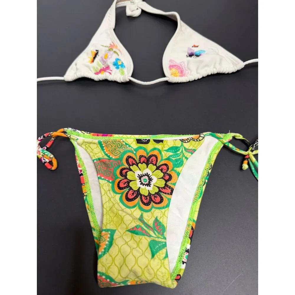 Brazilian Bikini Women's Size M Embroidered Sequin Halter Tie Side Two Piece